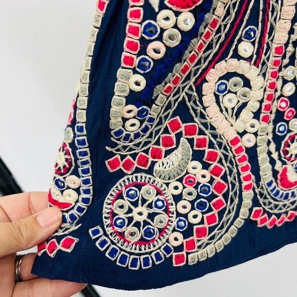 Ramy Brook Navy Blue Embroidered Smocked Waist Mini Dress size Small Flutter - Picture 5 of 10